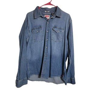 Wrangler Shirt Men L Blue Indigo Denim Regular Fit Rancher Pearl Snap Western